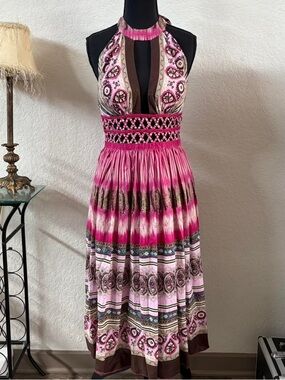 Halter Maxi Dress in Pink Boho Print